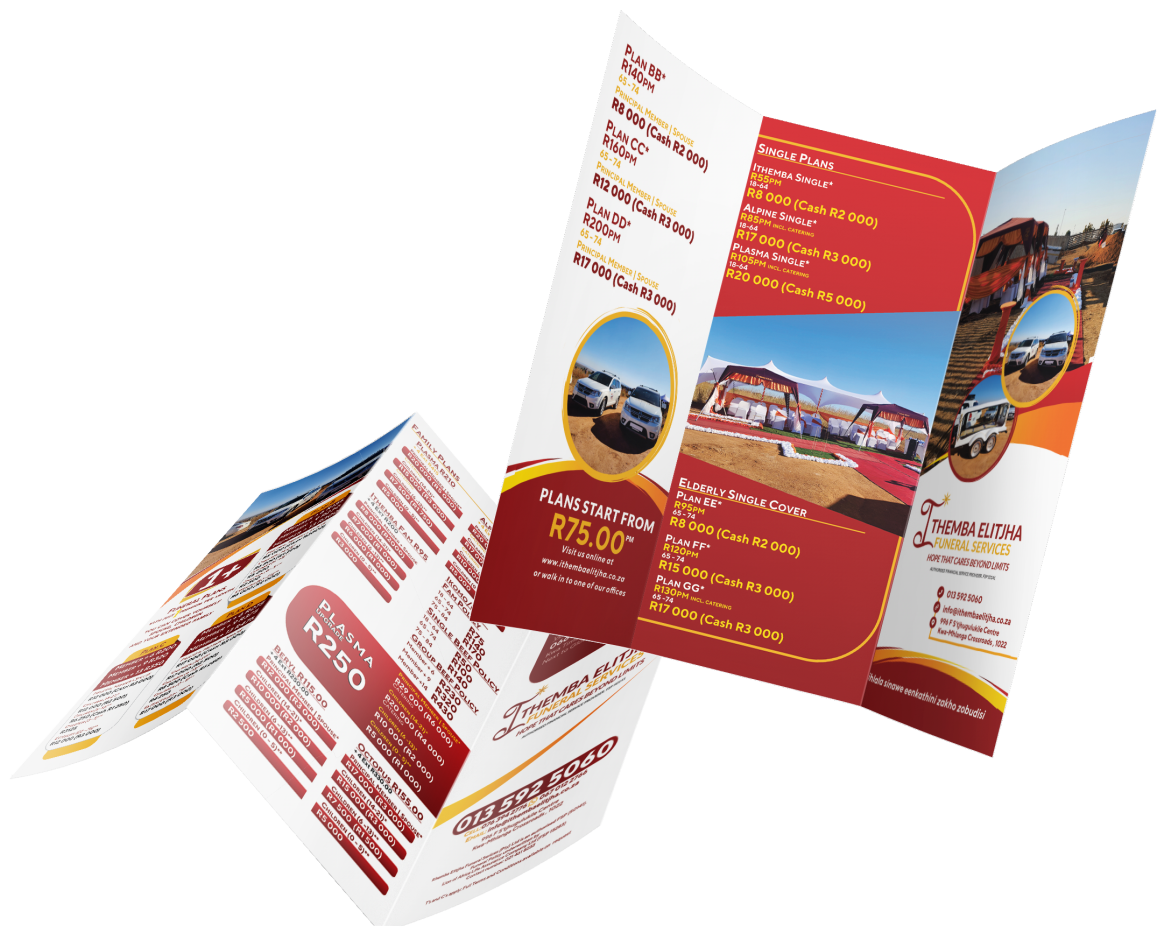 The image shows the two sides of the Ithemba Elitjha Funeral Services brochure. Ithemba Elitjha Funeral Services is located in KwaMhlanga, Mpumalanga