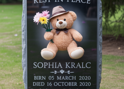 Image shows an ai generated image of a child's headstone
